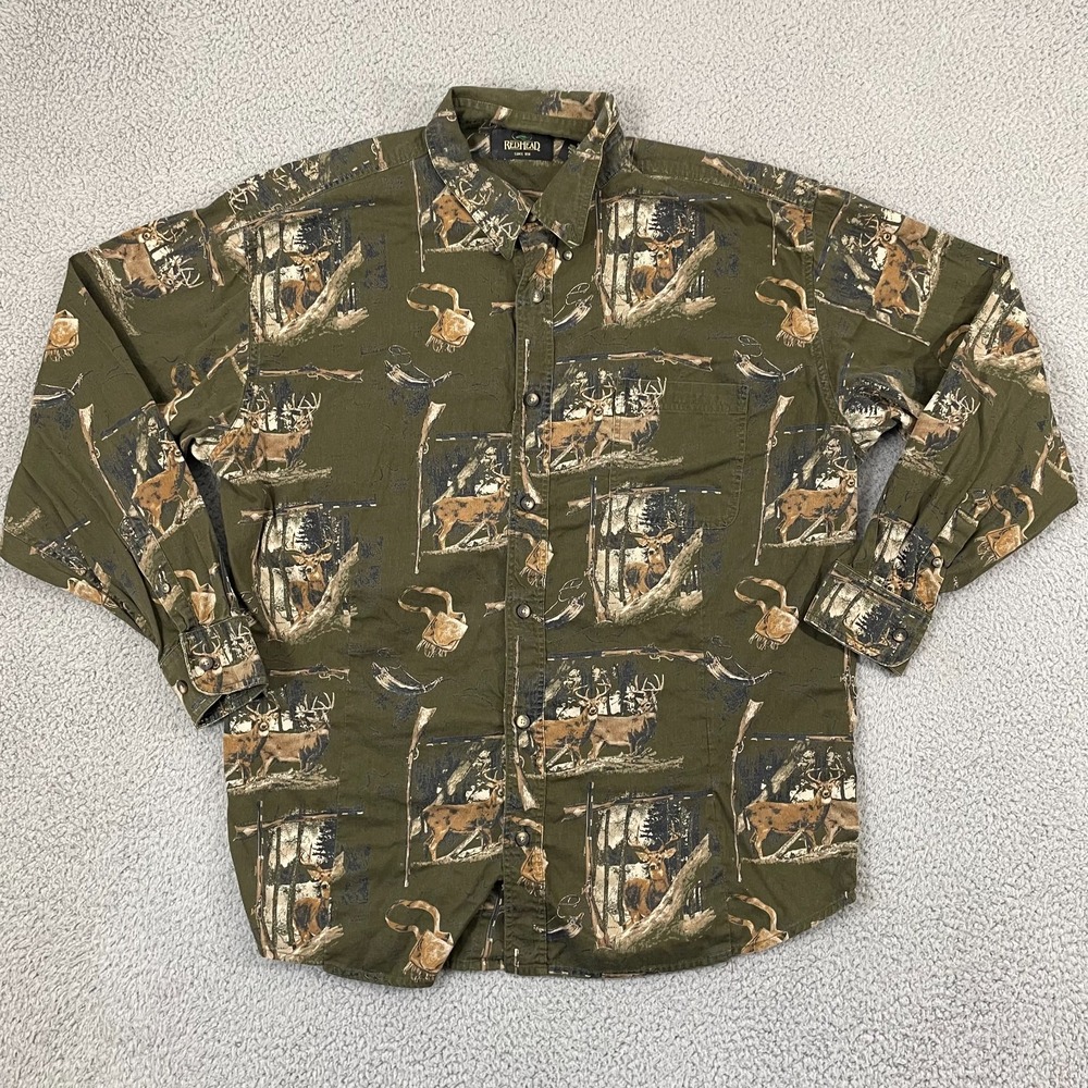 Redhead Deer Buck AOP Shirt XL Green Outdoor Hunting Button Down Long Sleeve